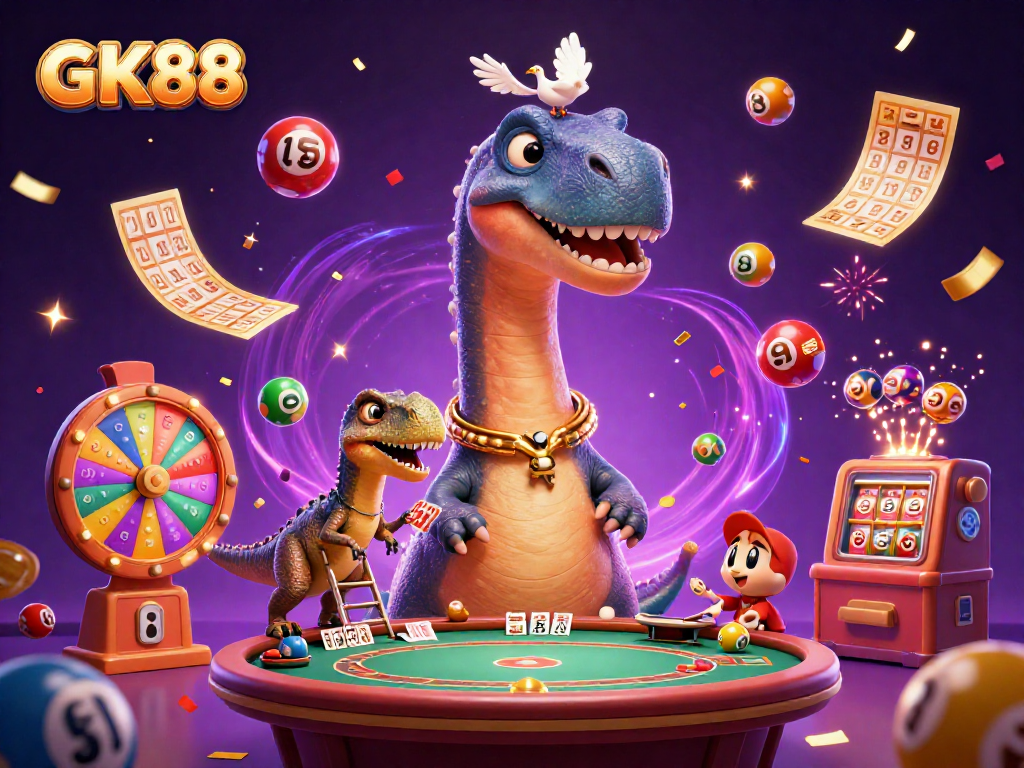 GK88 brings excitement to the casino with a dinosaur-themed party and vibrant gaming elements.