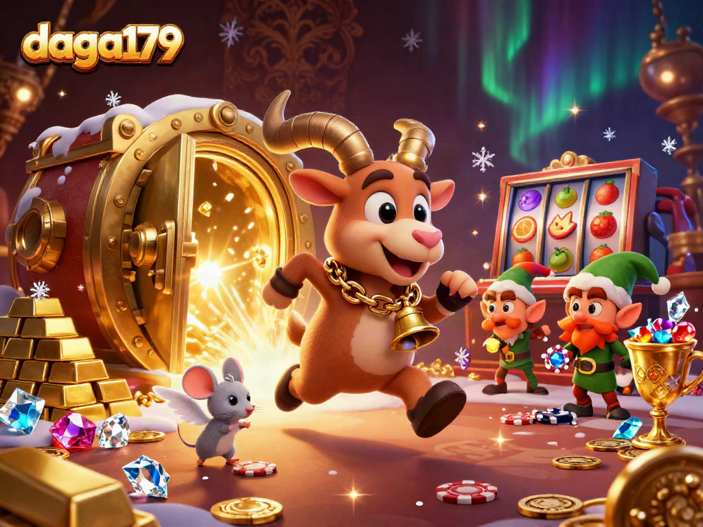 daga179 thrills with a festive, chaotic holiday casino scene featuring Krampus goat, angel mouse, and mischievous gremlins.