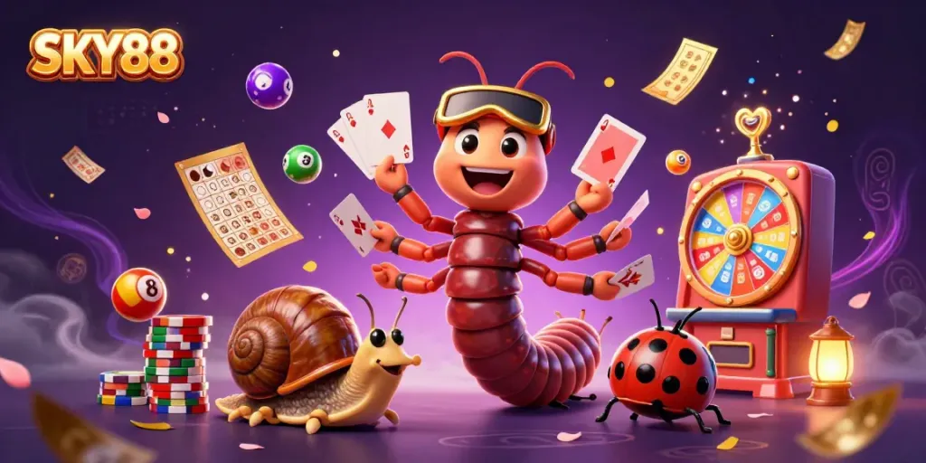 SKY88 features vibrant 3D characters engaging in exciting casino gaming activities.