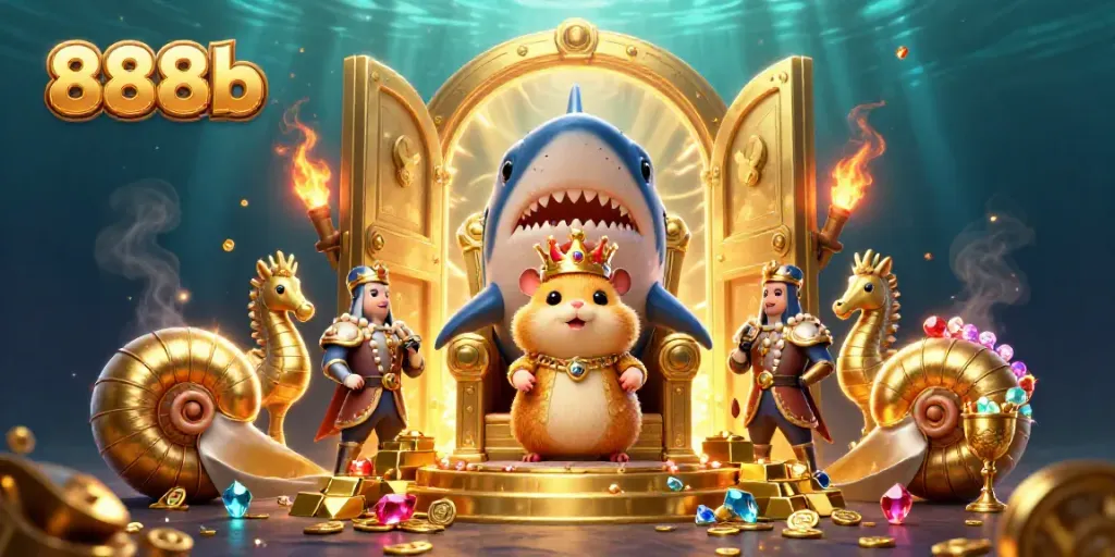 Engage with 888b, featuring a hamster king amidst treasures in an underwater casino realm.