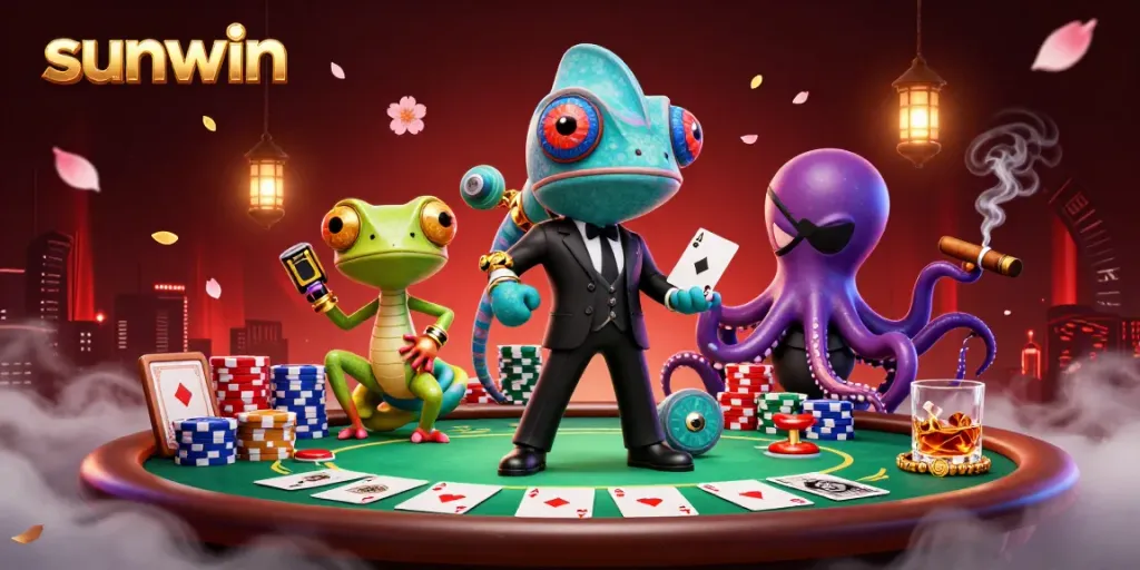 Play poker with sunwin's vibrant characters in a thrilling 3D casino scene filled with excitement.