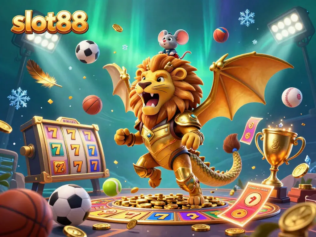 Engaging players at slot88 with dynamic slot reels and exciting golden symbols in a vibrant casino-themed 3D scene.