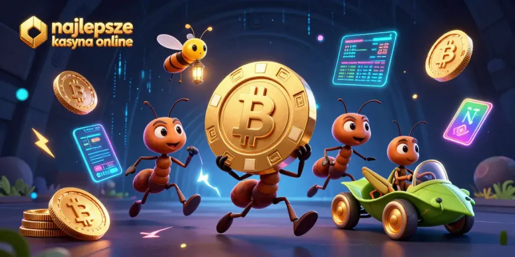 Experience the excitement of najlepsze kasyna online with ants carrying a giant poker chip through a digital tunnel.