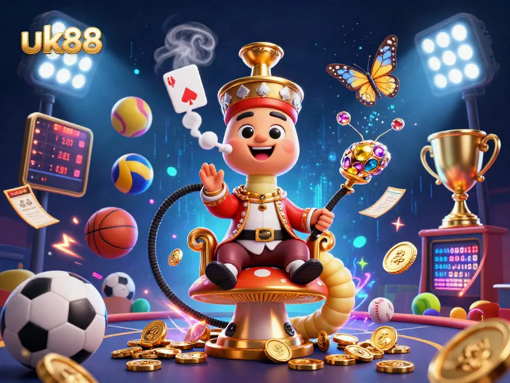 The uk88 sports betting scene features a vibrant caterpillar hookah-master and dynamic sports balls, showcasing excitement.