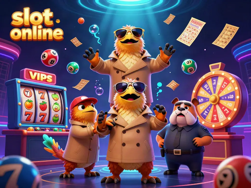 Experience fun at slot online with raptors in a trench coat entering a casino lounge amidst lively gaming elements.