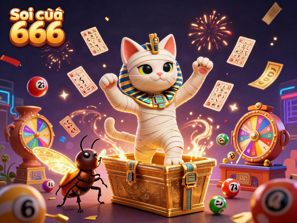 Soi cầu 666 celebrates with an Egyptian mummy cat and golden scarab in a vibrant casino scene, surrounded by lottery elements.