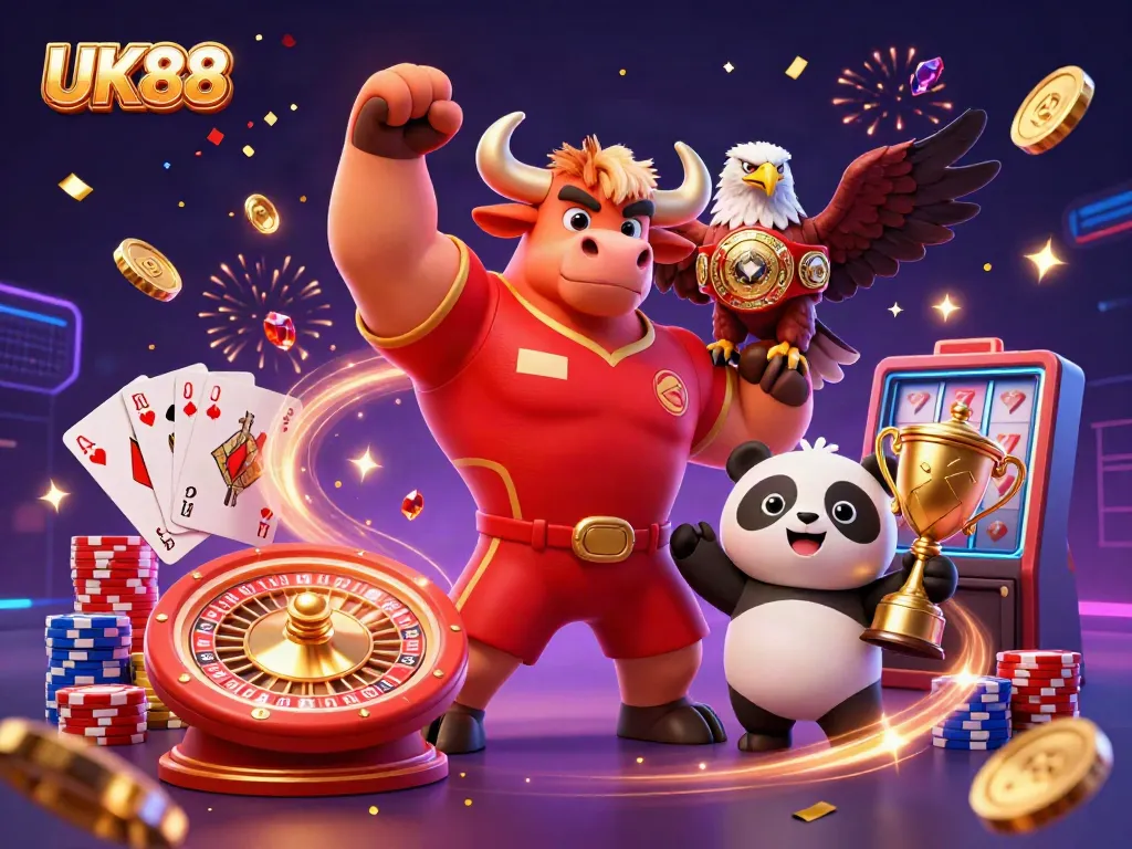 Celebrate wins at UK88 with a vibrant 3D casino scene featuring a bull mascot, eagle, and panda.