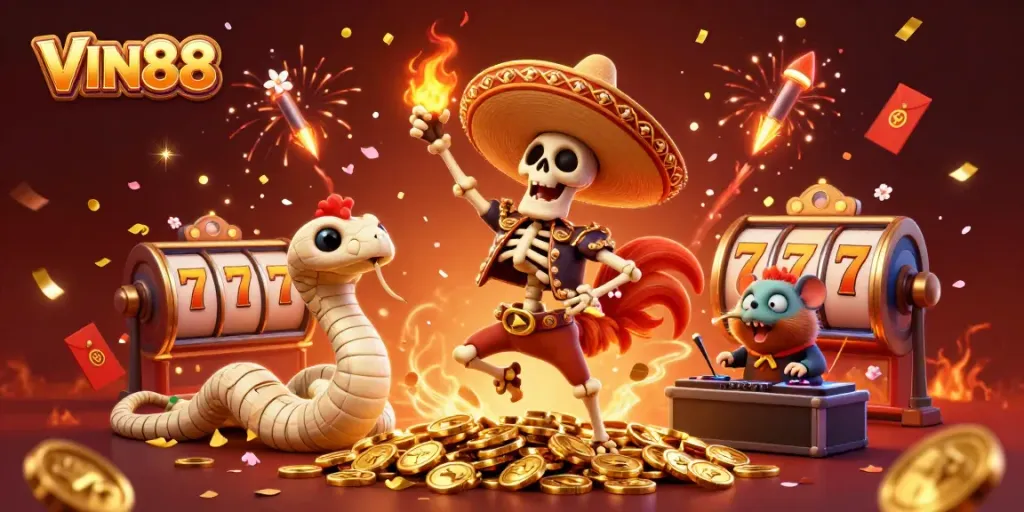 VIN88 showcases a jubilant casino scene with vibrant characters celebrating wealth and rewards.