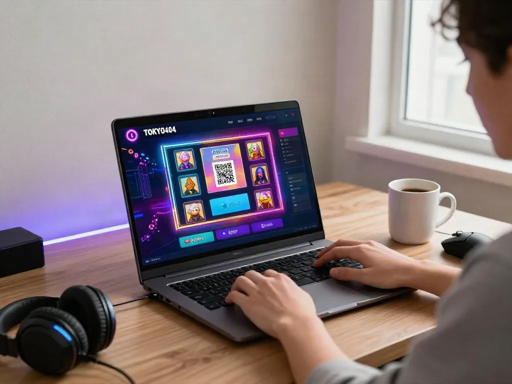 Player using slot qris features on a laptop in a cozy gaming space.