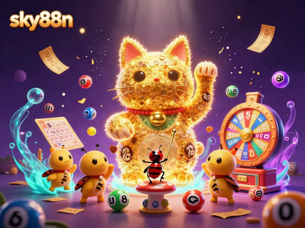 Experience thrilling wins with sky88n as golden fireflies transform into a lucky cat amid dynamic casino action.