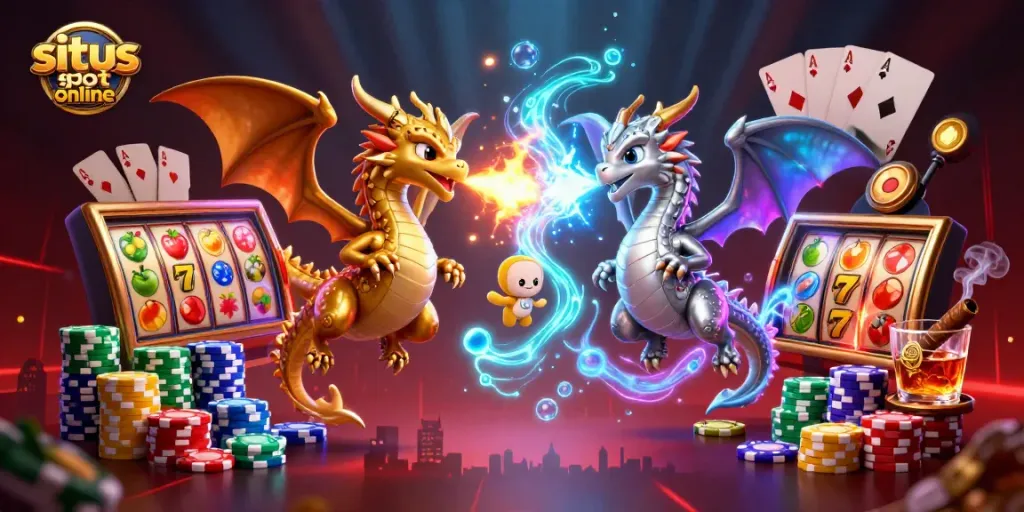 Spinning reels and treasures await at situs slot online with vibrant dragons and poker elements.