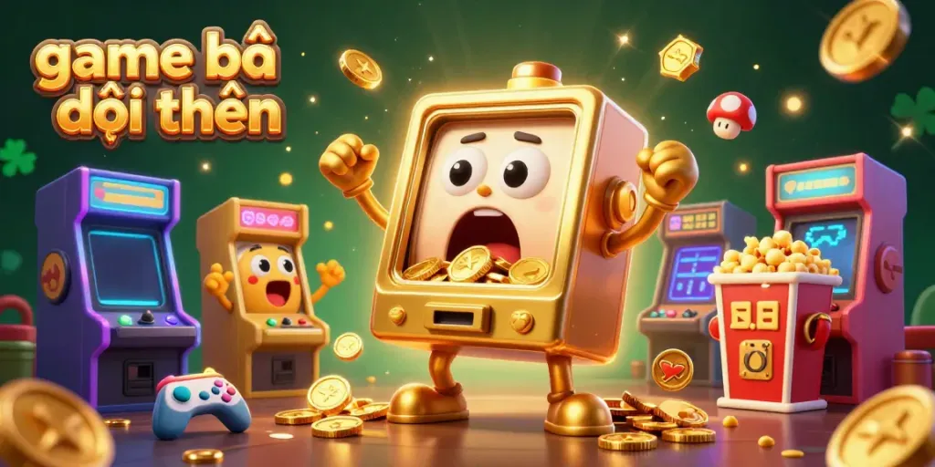 This vibrant image showcases game bài đổi thưởng in a dynamic 3D scene with a cheerful golden slot machine celebrating a jackpot.