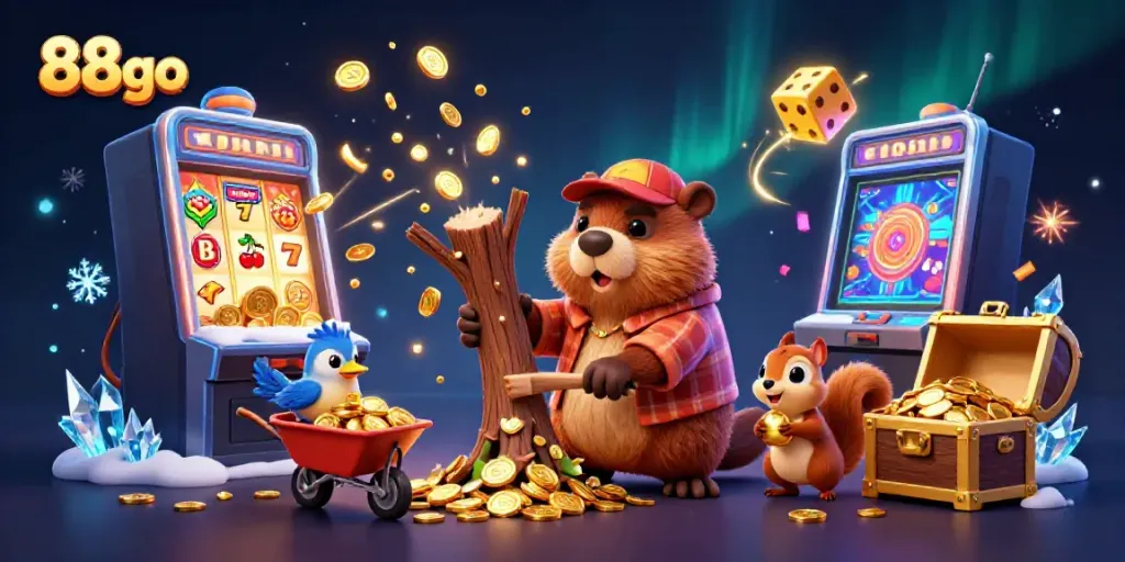 Experience the excitement of 88go with a cartoon beaver, gold coins, and vibrant casino elements.