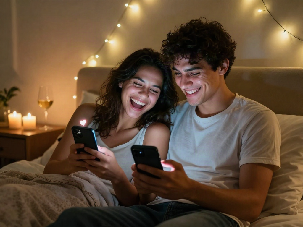 Couple engaging in playful ai sexting with smartphones in cozy bedroom