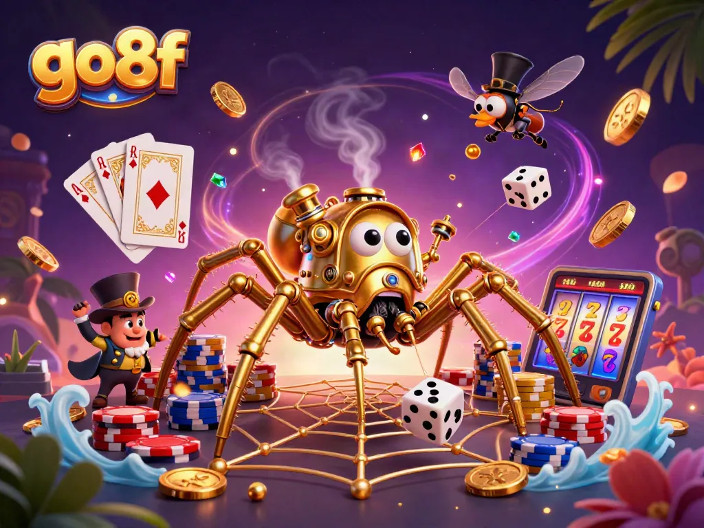 Engage with go8f by spinning for luck amidst golden chains and charming characters in a vibrant casino scene.