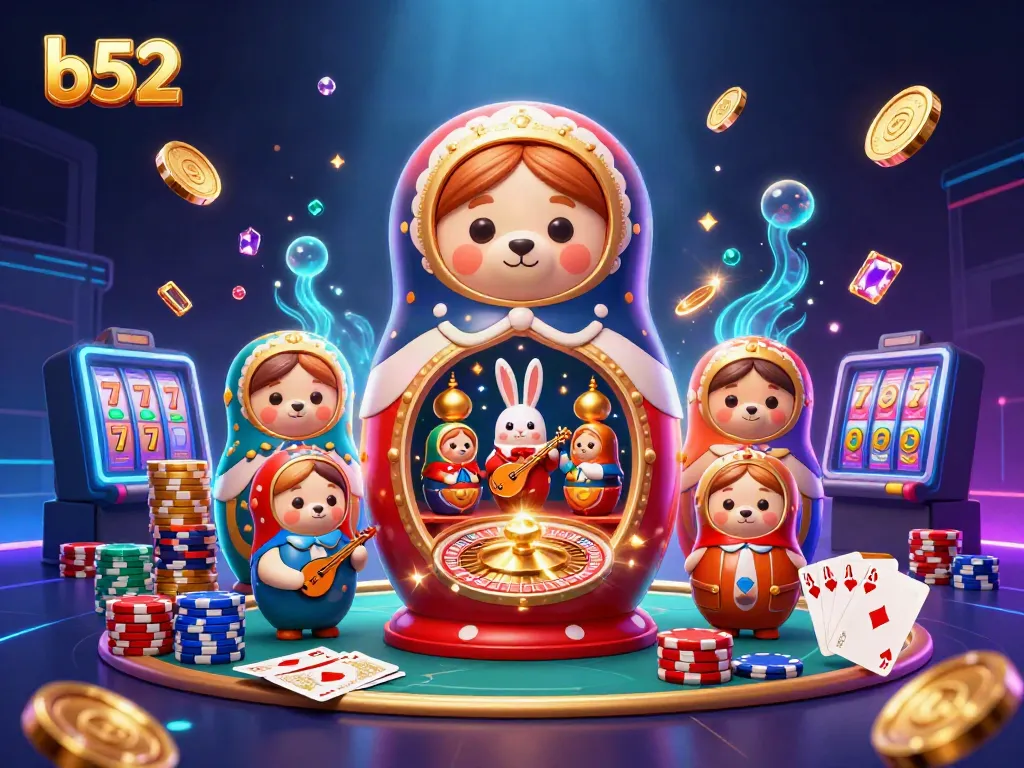 Play casino games with b52 in a vibrant scene full of animated characters and casino elements.