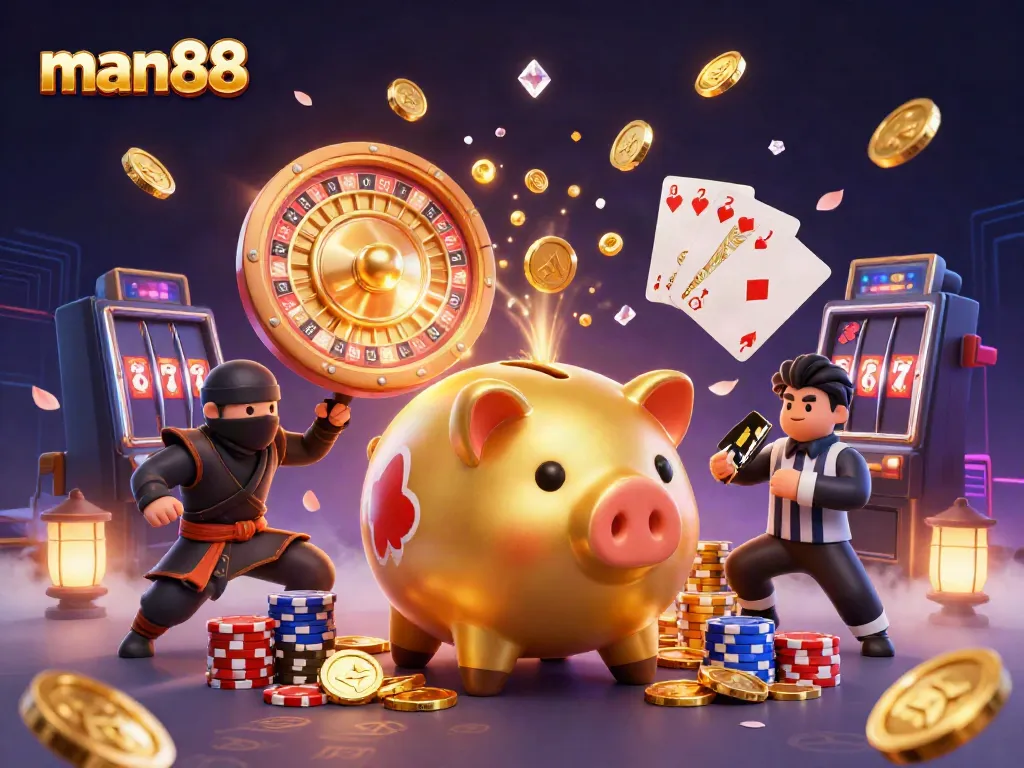 man88 casino games showcase featuring a golden piggy bank wrestler, wallet-ninja, and credit-card referee