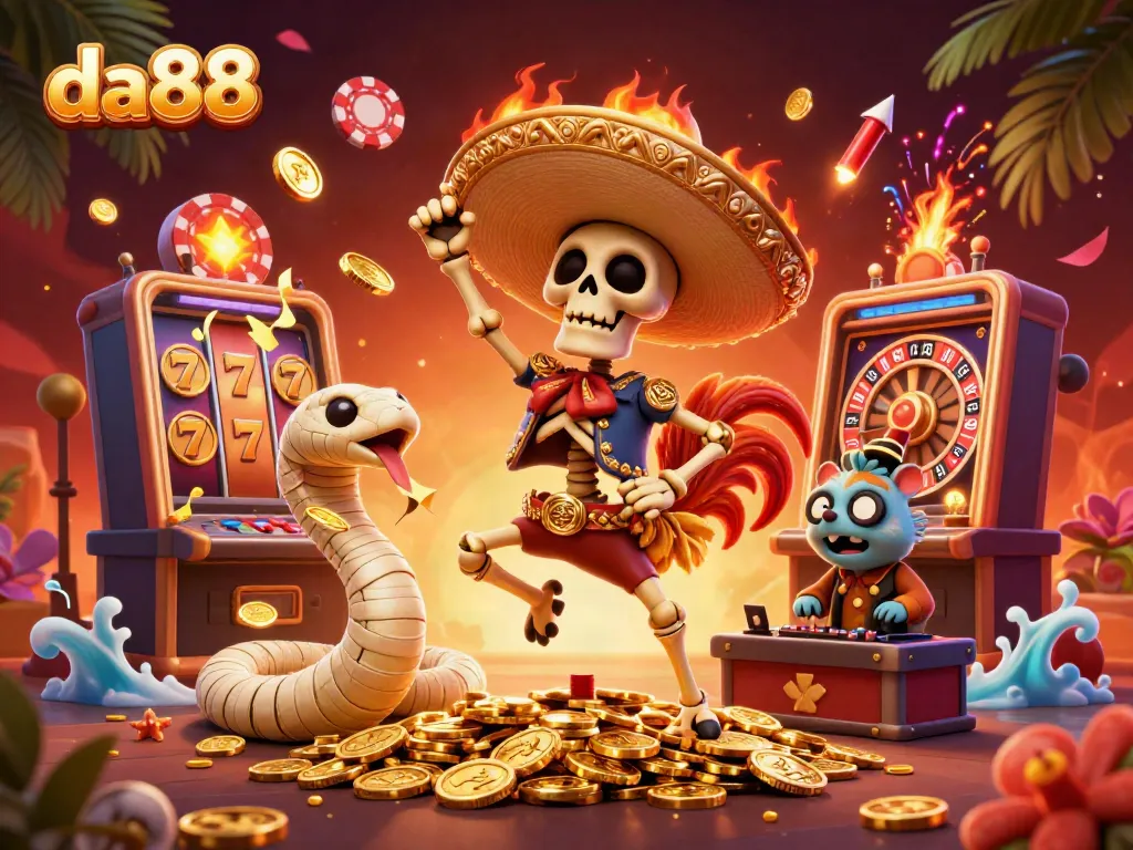 Win big with da88 in a vibrant, colorful casino world featuring animated characters and gaming elements.