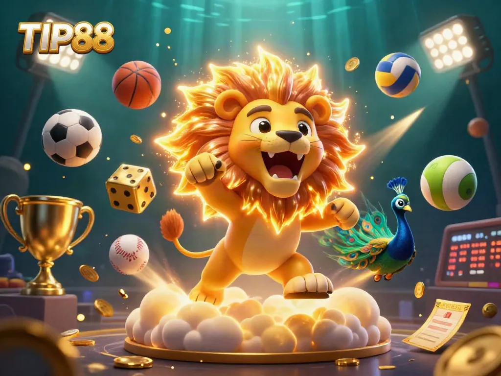 Experience the thrill of TIP88 with dynamic sports elements and colorful characters in a vibrant casino scene.