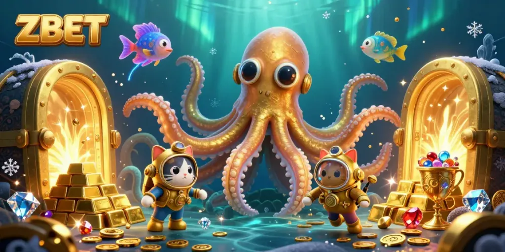 ZBET showcases a stunning underwater scene with a kraken, a diving cat, and glowing fish, amid treasure and jewels.