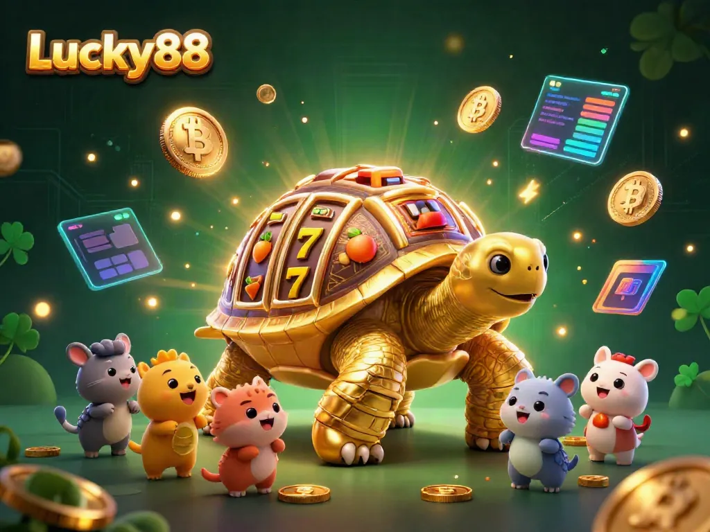 Engage with exciting gameplay at Lucky88 featuring a golden tortoise slot machine and vibrant game elements.