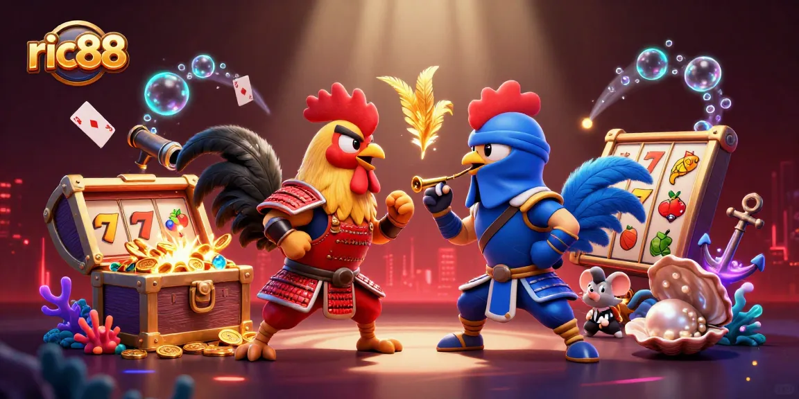 Defeat opponents in the ric88 fighting arena with colorful roosters and vibrant gaming elements.