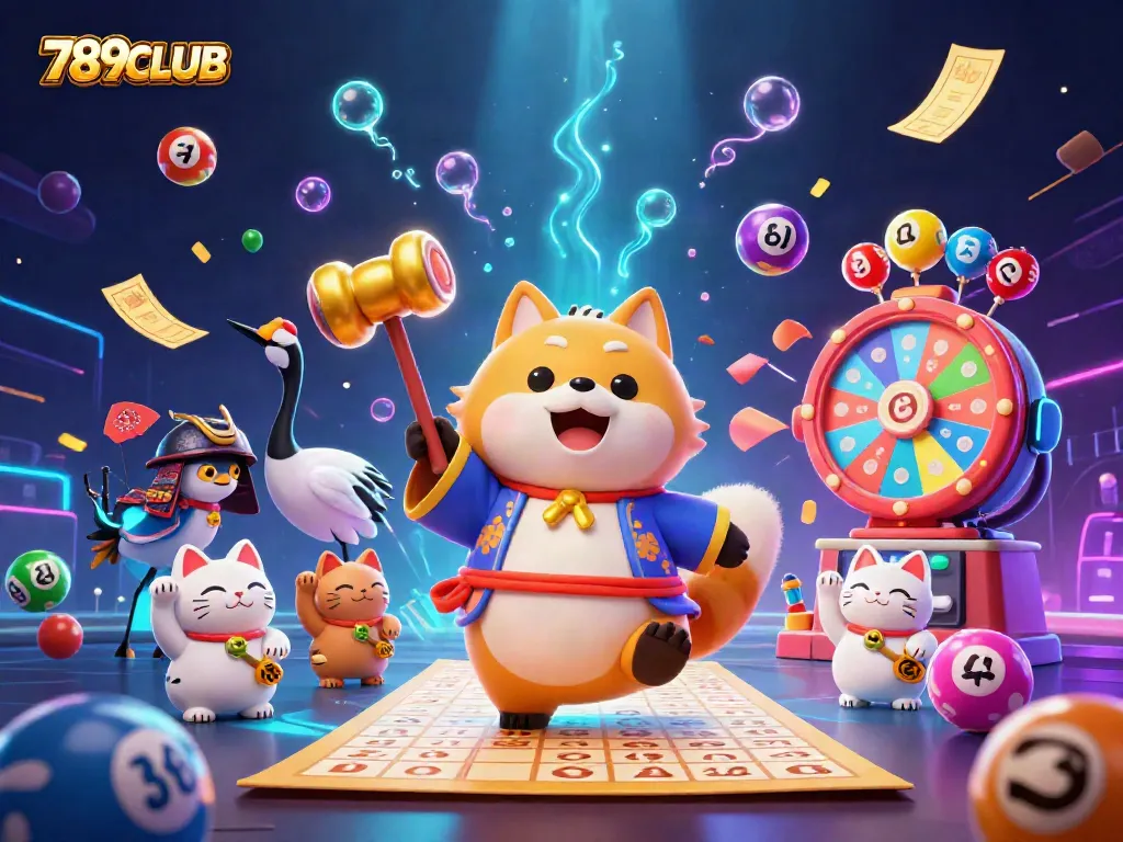 Engage with 789CLUB in a vibrant casino scene featuring cheerful tanuki, cranes, and maneki-neko cats!