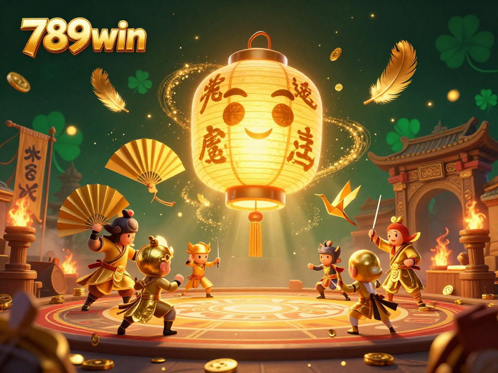 Engage with 789win's immersive experience featuring a golden lantern spirit, casino elements, and lucky symbols.
