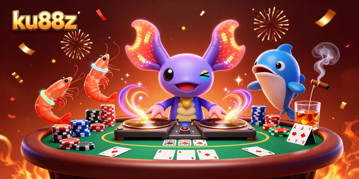 Experience gaming excitement with ku88z in a vibrant casino illustration featuring an axolotl DJ and poker elements.