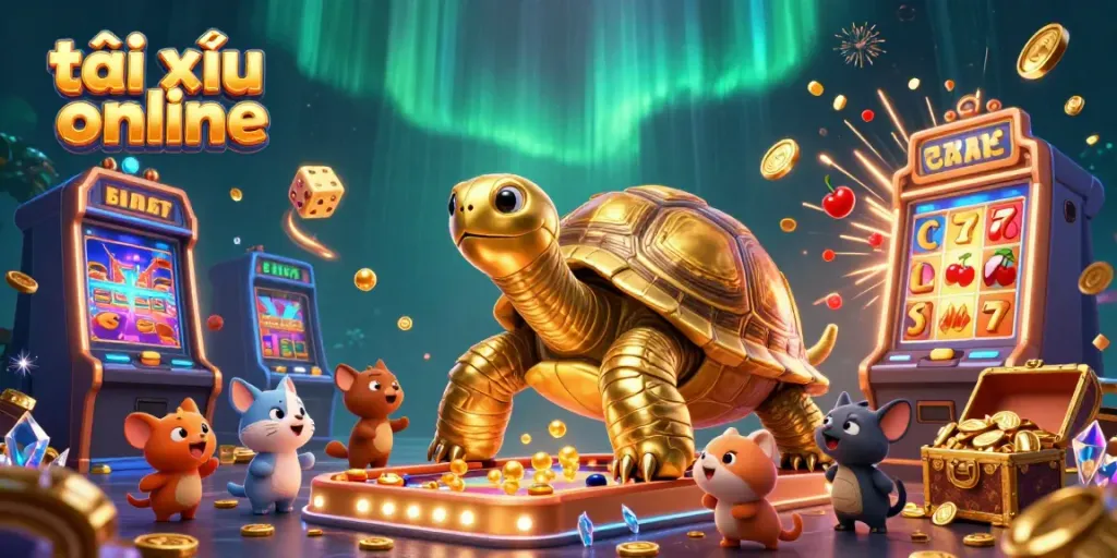 Experience exciting gameplay in a vibrant tài xỉu online scene with golden tortoise and dynamic casino elements.