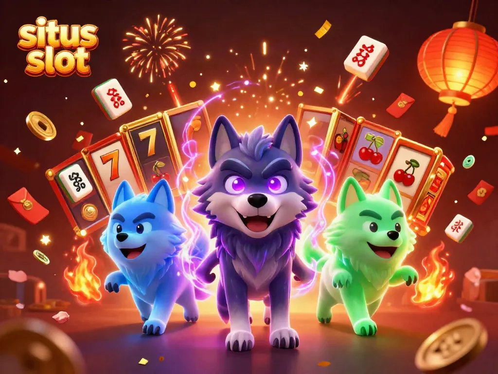 Menghasilkan pengalaman bermain situs slot dengan karakter serigala bercahaya, simbol jackpot, dan dekorasi meriah.