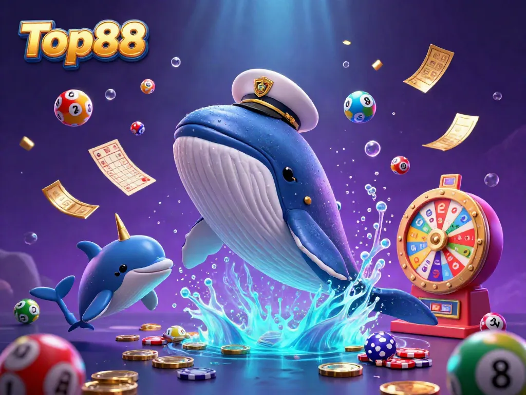 Top88 whale breaches through coins while dolphins perform tricks amidst lottery and bingo elements, creating a vibrant casino scene.