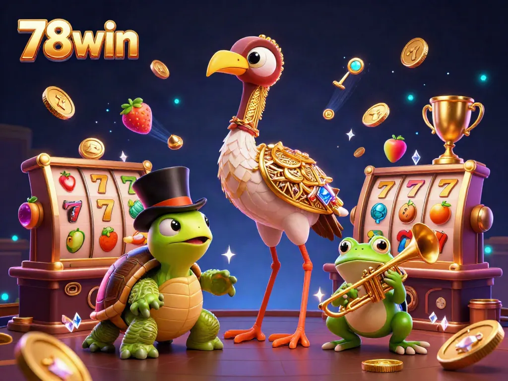 Spin the reels at 78win with an energetic 3D illustration featuring vibrant casino elements and characters.
