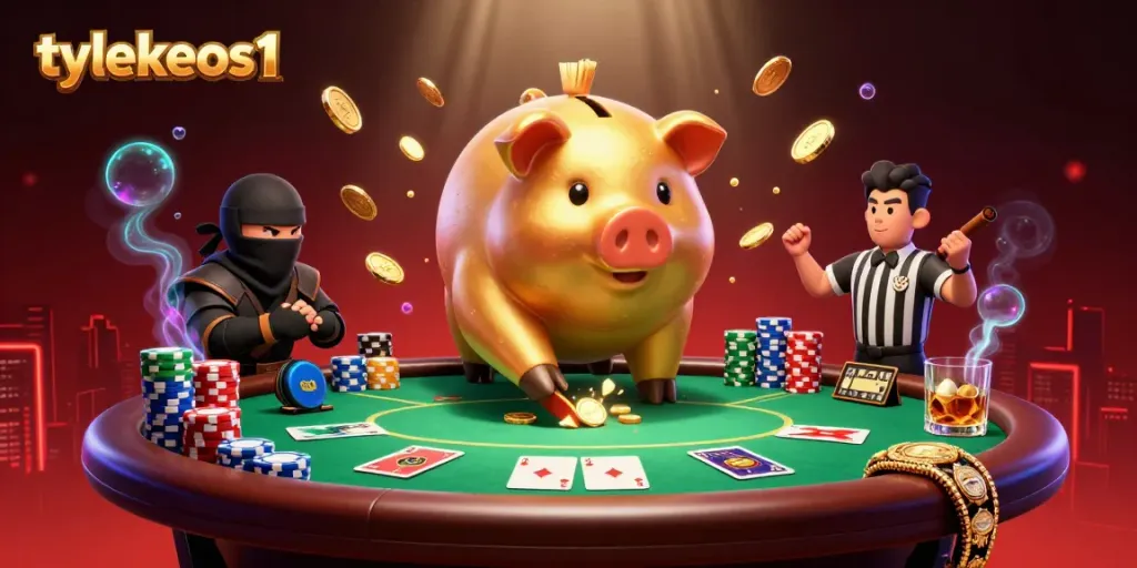 Bettors analyze vibrant gambling scene showcasing tylekeos1 with dynamic characters and poker elements.