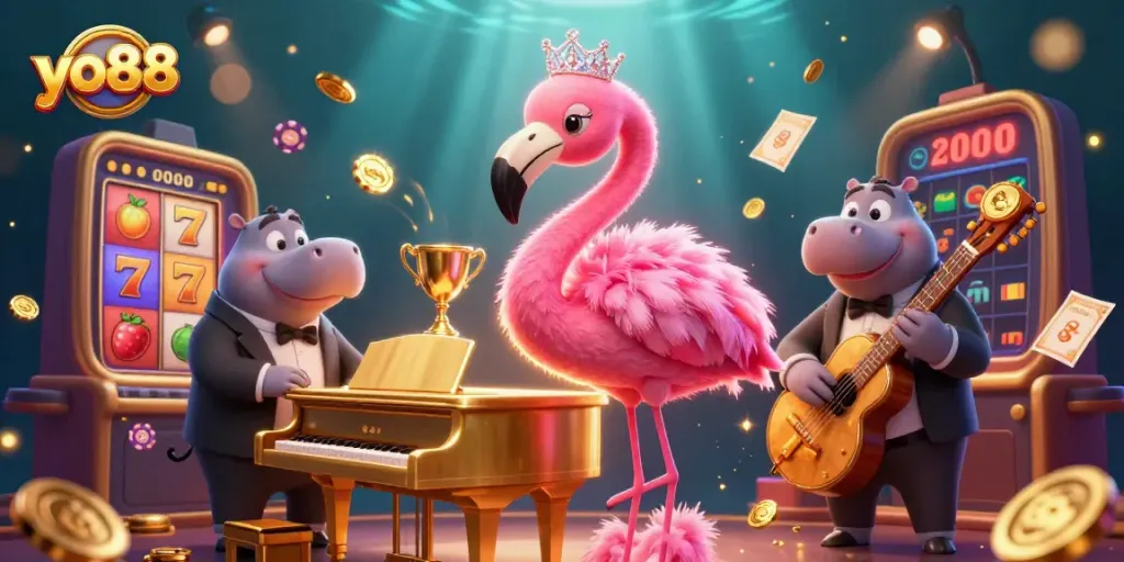 Join the fun at yo88 with vibrant casino elements and animated characters celebrating together.