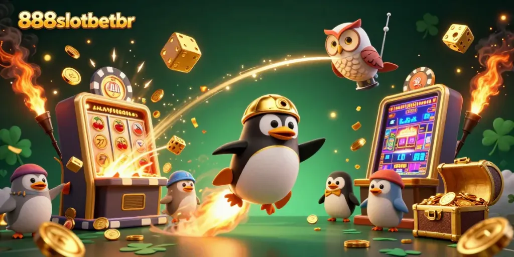 Experience excitement at 888slotbetbr with a vibrant casino adventure featuring penguins and slots.