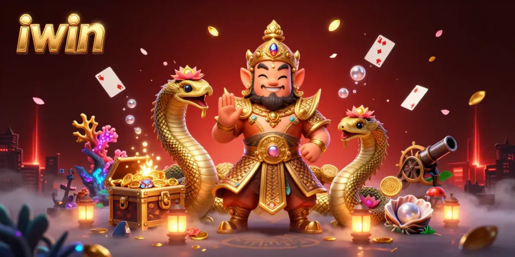 Play exciting games with IWIN's vibrant casino experience featuring golden treasure and animated characters.