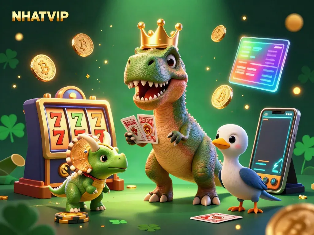 Engage in thrilling casino adventures with NHATVIP featuring T-Rex and friends stacking chips and shuffling cards.