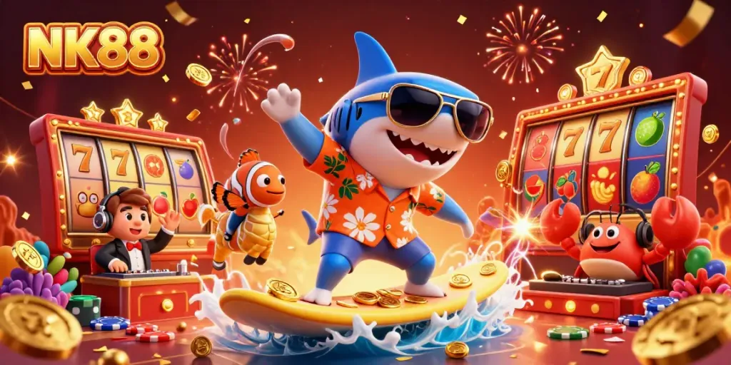 NK88 delights gamblers with a vibrant scene of winning slots and lively characters in a colorful casino.