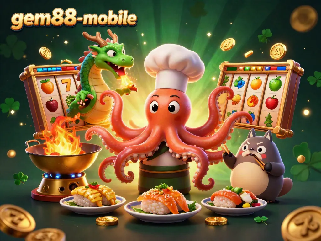 Experience the excitement of gem88-mobile with dynamic 3D characters amidst slot reels and golden coins.