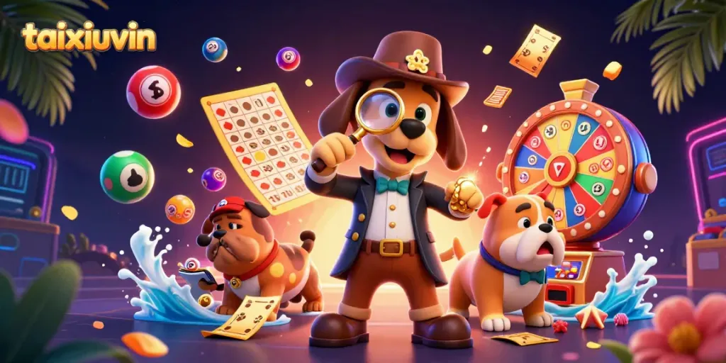 Experience the thrill of taixiuvin with a detective bloodhound unraveling poker clues amidst vibrant casino action.
