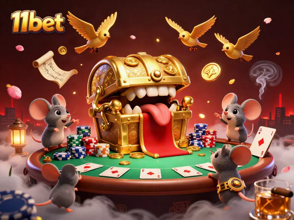 Experience 11bet with a captivating 3D illustration showcasing exciting poker elements and treasures.