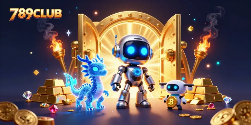 Engage in thrilling gameplay with 789CLUB's vibrant casino-themed 3D illustration showcasing dynamic characters and rich treasures.